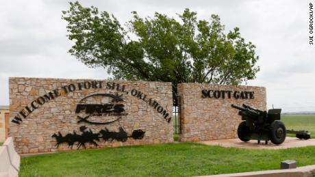 A sign is pictured at Scott Gate, one of the entrances to Oklahoma&#39;s Fort Sill, in this 2014 photo. 