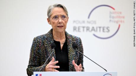 France&#39;s Prime Minister Élisabeth Borne at a press conference in Paris to present the government&#39;s plan for pension reform on January 10, 2023.