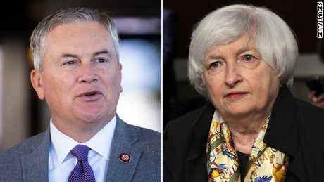 At right, House Oversight Chairman James Comer, a Republican from Kentucky, announced Wednesday several letters his committee was sending, including to Treasury Secretary Janet Yellen, at left. 
