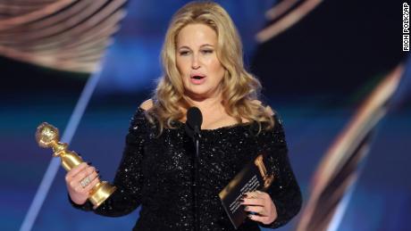 Jennifer Coolidge accepts an award for &quot;The White Lotus&quot; during the 80th Annual Golden Globe Awards on Tuesday.