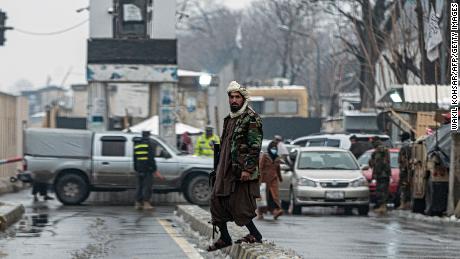 A Taliban security guard on a blocked road after a blast near Afghanistan&#39;s Foreign Ministry at Zanbaq Square in Kabul on January 11.