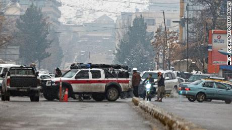 Taliban security forces block a road after a blast near the Afghan Ministry of Foreign Affairs at Zanbaq Square in Kabul on January 11. 