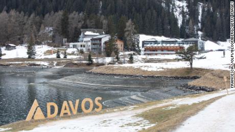 A wooden sign on the waterfront of Lake Davos in Davos, Switzerland, on Jan. 8, 2023. 