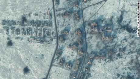 A satellite view shows a destroyed school and buildings in south Soledar on Tuesday. 