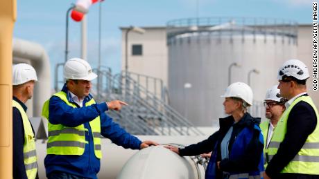 Manuela Schwesig and Markus Soeder, state premiers of the German states of Mecklenburg-Western Pomerania and Bavaria,  at a key gas hub in Lubmin, where the Nord Stream pipelines make landfall, on August 30, 2022.