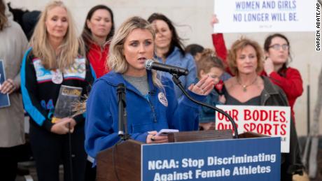 Protest over inclusion of transgender athletes in women&#39;s sports held outside NCAA Convention