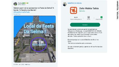 On the left, a tweet detailing a map of the parliamentary area, labelling the National Congress building as the assembly point for protesters. On the right, a Telegram post mentioning Zello, a phone app that works like a walkie talkie if internet is disrupted during the march.