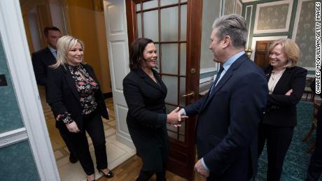 UK opposition leader Keir Starmer meets Sinn Fein President Mary Lou McDonald and Sinn Fein northern leader Michelle O&#39;Neill at Stormont on January 12, 2023 in Belfast.