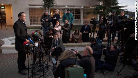 Irish Taoiseach Leo Varadkar addresses reporters after talks with all of Northern Ireland&#39;s political parties on January 12, 2023 in Belfast.