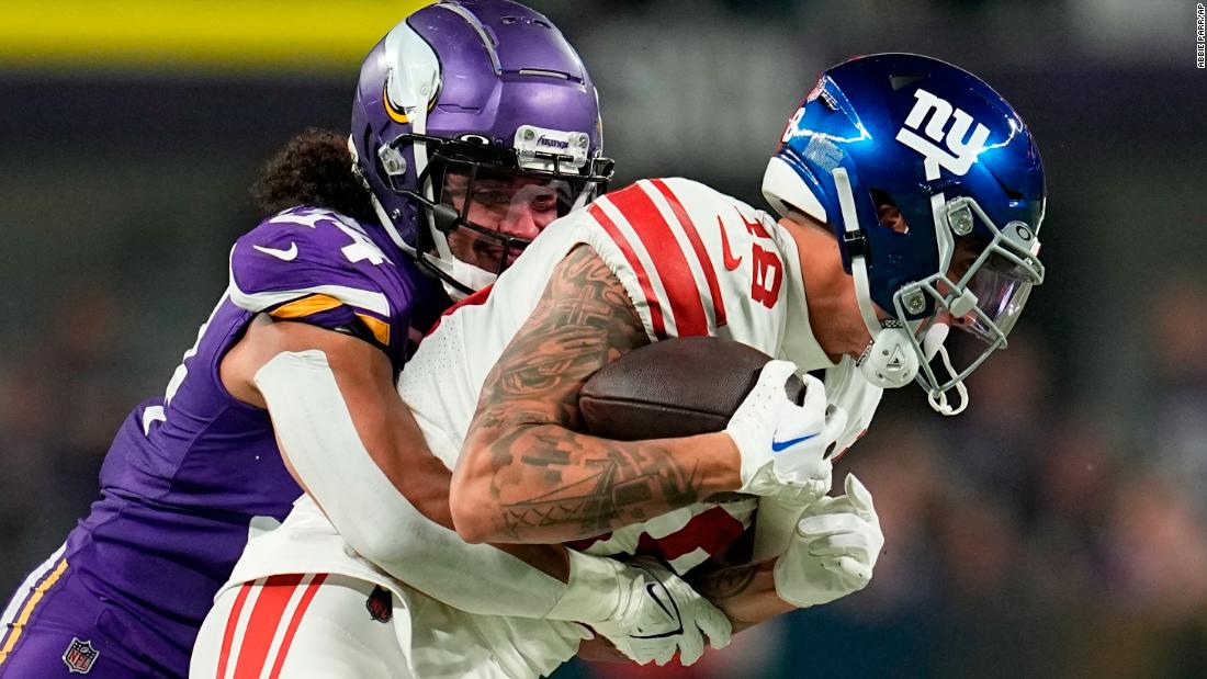 The Minnesota Vikings&#39; Eric Kendricks tackles New York Giants wide receiver Isaiah Hodgins. The Giants shocked the No. 3 seed 31-24 largely thanks to an excellent performance from quarterback Daniel Jones. The 25-year-old finished with 301 passing yards and two touchdowns, as well as 78 rushing yards. 