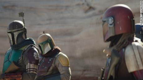 Mandalorians in a scene from the third season of &quot;The Mandalorian.&quot;