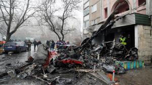 Mandatory Credit: Photo by SERGEY DOLZHENKO/EPA-EFE/Shutterstock (13722364m) Rescue services work at the scene of a helicopter crash near the wreckage in Brovary, near Kyiv, Ukraine, 18 January 2023. At least 18 people died, including three children, after a helicopter crashed near a kindergarten and a residential building in the city of Brovary, Oleksiy Kuleba, the head of Kyiv Regional Military Administration wrote on telegram. &#39;Among them are Minister of Internal Affairs of Ukraine Denys Monastyrskyi, his first deputy Yevhen Yenin, State Secretary of the Ministry of Internal Affairs Yuri Lubkovych, their assistants and the helicopter crew.&#39;, stated President of Ukraine Volodymyr Zelensky. At least 18 people killed after helicopter crashes in Brovary, near Kyiv, Ukraine - 18 Jan 2023