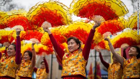 Dancers perform on the first day of the Lunar New Year in New York&#39;s Chinatown on February 16, 2018.