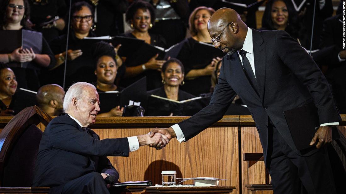 US Sen. Raphael Warnock, the pastor at Ebenezer Baptist Church, greets Biden during a worship service in Atlanta in January 2023. It was on the eve of Martin Luther King Jr. Day. King was co-pastor of the church from 1960 until his assassination in 1968. Biden became the first sitting president to deliver a Sunday sermon from the historic church.