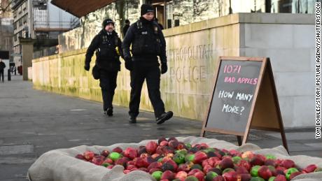 Protesters placed 1,071 imitation rotten apples outside Scotland Yard, the Met Police headquarters, in January to highlight the same number of officers that have been placed under fresh review.