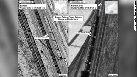 In this aerial graphic provided by the US Government, Russian railcars are seen traveling between Russia and North Korea. 