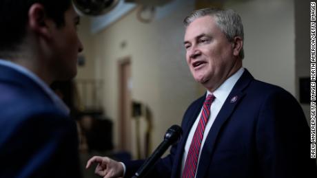 House Oversight Chairman James Comer speaks to reporters on his way to a closed-door GOP caucus meeting at the US Capitol January 10, 2023 in Washington, DC.