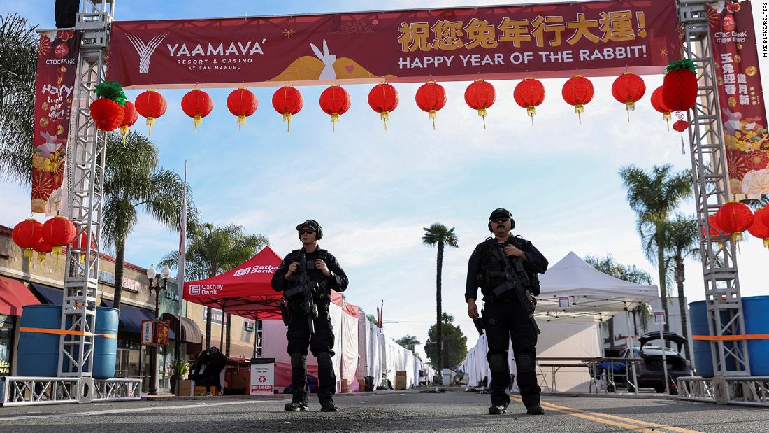 Police officers guard the scene of a &lt;a href=&quot;https://edition.cnn.com/us/live-news/monterey-park-california-shooting-01-23-23/index.html&quot; target=&quot;_blank&quot;&gt;shooting&lt;/a&gt; that took place during a Chinese Lunar New Year celebration, in Monterey Park, California, US on January 22.