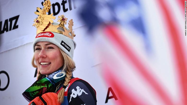 TOPSHOT - Race winner USA's Mikaela Shiffrin celebrates on the podium after competing in the Women's Giant Slalom on January 24, 2023 in Plan de Corones (Kronplatz), Dolomites Mountains, as part of the FIS Alpine World Ski Championships. 