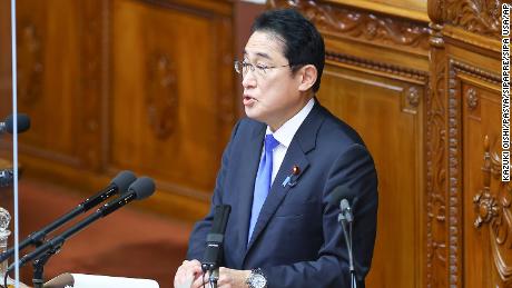 Japan&#39;s Prime Minister Fumio Kishida delivers a policy speech in Tokyo on January 23, 2023.