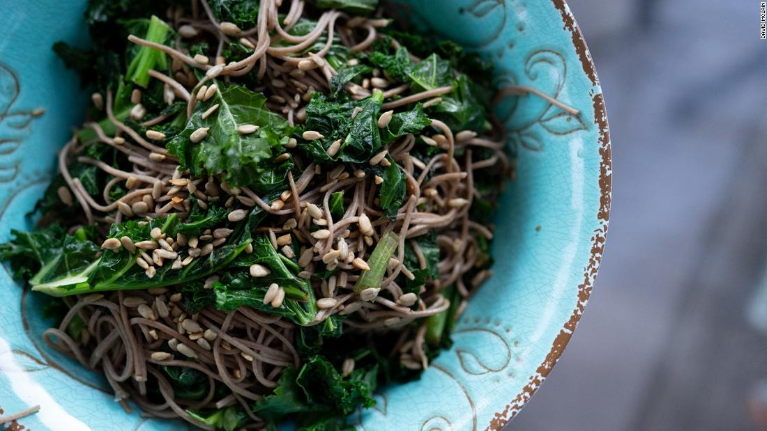 This kale soba salad is a mixture of kale, sunflower seeds and soba noodles, which are  made from buckwheat flour.