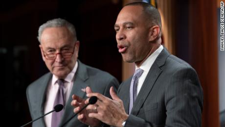 House Minority Leader Hakeem Jeffries with Senate Majority Leader Chuck Schumer speaks during a news conference on Capitol Hill in Washington, Wednesday, January 25, 2023. 