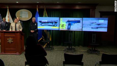 Los Angeles County Sheriff&#39;s officials on January 25, 2023, display three firearms recovered from the Monterey Park shooting suspect.