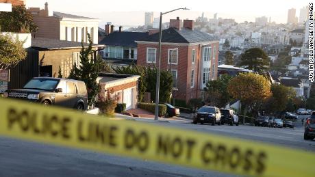 Police tape is seen in front of the home of then-Spealer Nancy Pelosi on October 28, 2022, in San Francisco, California. 