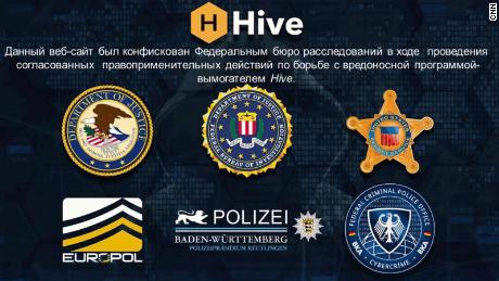 This screengrab captured by CNN shows a website hosted by Hive Ransomware seized by the FBI. The website, in Russian, says, &quot;The Federal Bureau of Investigation seized this site as part of a coordinated law enforcement action taken against Hive Ransomware.&quot;