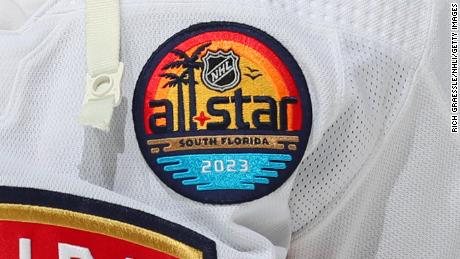 A general of the 2022 All Star game patch in South Florida during warms up prior to the game between the Florida Panthers and the New Jersey Devils on December 17, 2022 at the Prudential Center in Newark, New Jersey.