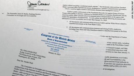 FILE - The letter from House Oversight Committee chairman Rep. James Comer, R-Ky., to Debra Steidel Wall, archivist of the United States, is photographed Tuesday, Jan. 10, 2023. Newly empowered House Republicans on Sunday demanded the White House turn over all information related to its searches that have uncovered classified documents at President Joe Biden&#39;s home and former office in the wake of more records found at his Delaware residence. (AP Photo/Jon Elswick, File)