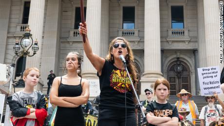 Greens senator Lidia Thorpe addresses the crowd at the Treaty Before Voice Invasion Day Protest on January 26, 2023, in Melbourne, Australia.