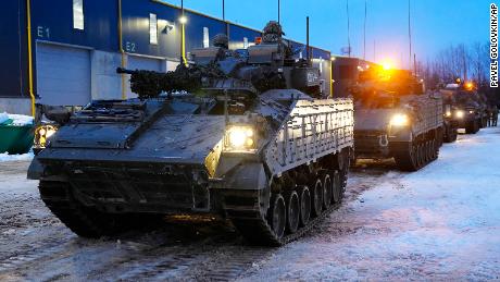 Britain&#39;s armored vehicles prepare to move at the Tapa Military Camp in Estonia, on January 19, 2023.