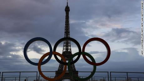 The Olympic rings installed on the Esplanade du Trocadero near the Eiffel tower following the Paris&#39; nomination as host for the 2024 Olympics.
