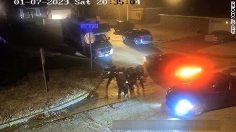 In this still from video released by the City of Memphis, officers from the Memphis Police Department beat Tyre Nichols on a street corner.