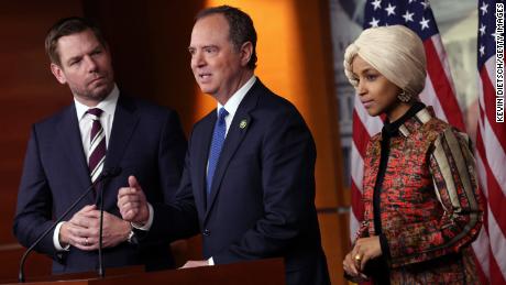 Rep. Adam Schiff (D-CA) (C), joined by Rep. Eric Swalwell (D-CA) and Rep. Ilhan Omar (D-MN), speaks at a press conference on committee assignments.