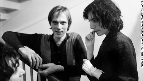 Patti Smith backstage with Tom Verlaine of Television before performing at the event &quot;Arista Records Salutes New York with a Festival of Great Music&quot; at City Center on September 21, 1975.