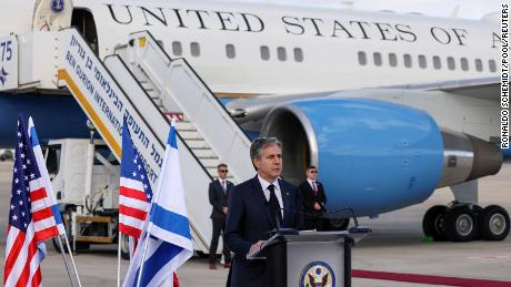 US Secretary of State Antony Blinken delivers a statement upon arrival at Israel&#39;s Ben Gurion Airport near Tel Aviv, on Monday. 