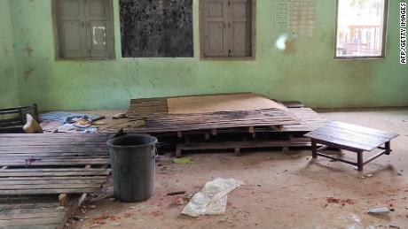 Debris and bloodstains on the floor of a Sagaing school attacked by Myanmar&#39;s military, pictured September 17, 2022. 