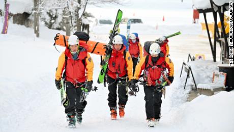 Searching operation by Nagano Prefecture Police begins at Tsugaike Kogen Ski Resort on January 30, 2023 in Otari, Japan after two foreign skiers were found unconscious while three others descended the mountain safely on their own. 