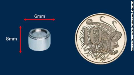 An illustration provided by Western Australia&#39;s Department of Health shows the size of the capsule compared to a coin. 
