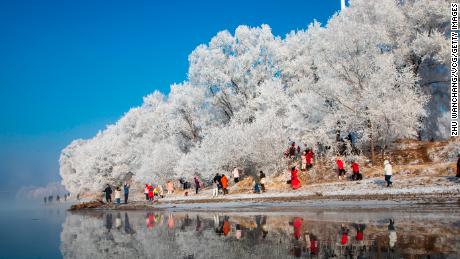 Tourists enjoy rime-covered trees along the Songhua River on January 30, 2023 in China&#39;s Jilin province. 
