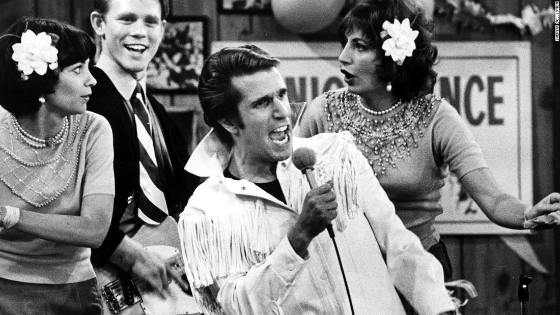 From left: Williams, Howard, Winkler and Marshall on the set of the television sitcom &quot;Happy Days,&quot; which ran from 1974 to 1984.