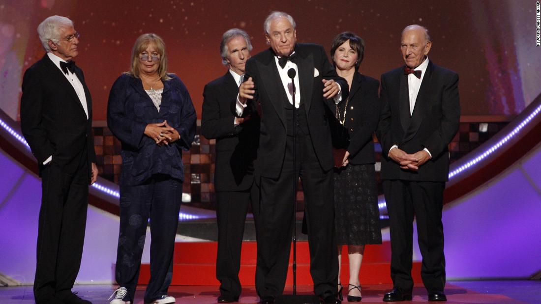 Williams is seen on stage as writer and director Garry Marshall, center, accepts an award at the TV Land Awards in Santa Monica, California, in 2008. Marshall&#39;s hits included &quot;Happy Days&quot; and &quot;Laverne &amp;amp; Shirley.&quot;