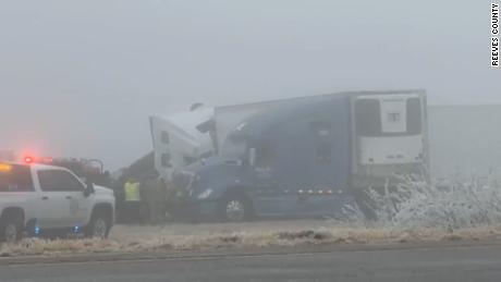Jackknifed tractor-trailers blocked Interstate 10 in Reeves County, Texas, on Tuesday. 