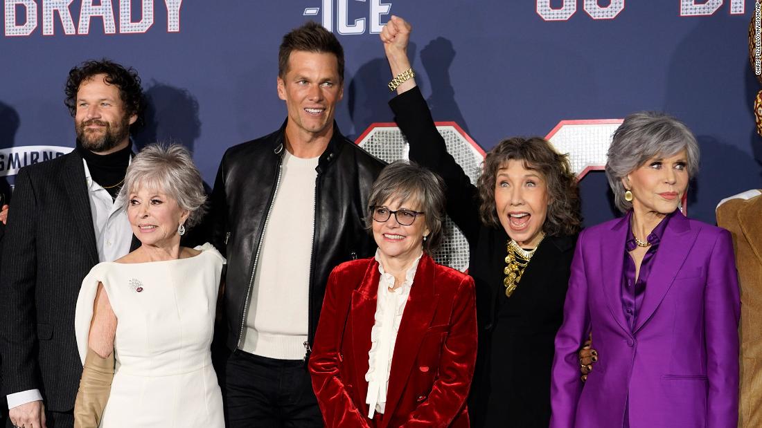 From left, &quot;&lt;a href=&quot;https://www.cnn.com/2022/11/18/entertainment/80-for-brady-trailer/index.html&quot; target=&quot;_blank&quot;&gt;80 for Brady&lt;/a&gt;&quot; director Kyle Marvin and cast members Rita Moreno, Brady, Sally Field, Lily Tomlin and Jane Fonda pose together at the Los Angeles premiere of the film in January 2023. The movie, which is based on a true story, follows a group of octogenarians who are hardcore Brady fans and travel to Super Bowl LI. &quot;This could be Tom&#39;s last one; he&#39;s almost 40,&quot; Tomlin&#39;s character says in the trailer. &quot;That&#39;s like 80 in people years.&quot;