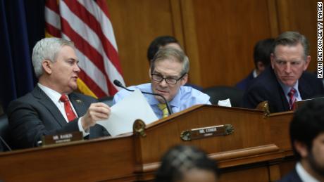 Rep. James Comer (R-KY), Chairman of the House Oversight and Reform Committee, Rep. Jim Jordan (R-OH) and Rep. Paul Gosar (R-AZ)  participate in a meeting of the House Oversight and Reform Committee on January 31, 2023.