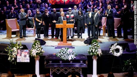 Rev. Al Sharpton introduces the family of Tyre Nichols during his funeral service at Mississippi Boulevard Christian Church in Memphis on February 1, 2023.