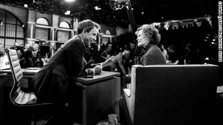Seth Meyers talks with author Judy Blume during a commerical break on September 18, 2015.