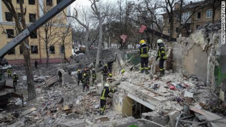 An emergency operation is underway at the site of a destroyed residential building in Kramatorsk.